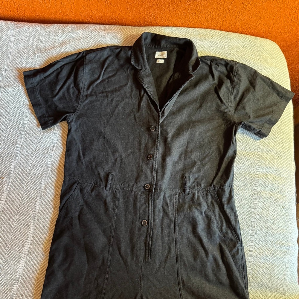 Wilfred Free Aritzia Black Linen Blend Button Front Short Sleeve Jumpsuit M - Picture 2 of 14